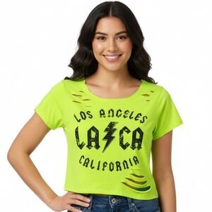 Los Angeles California Crop‎ Tee XL Lime Green Slashed Distressed Graphic Bold